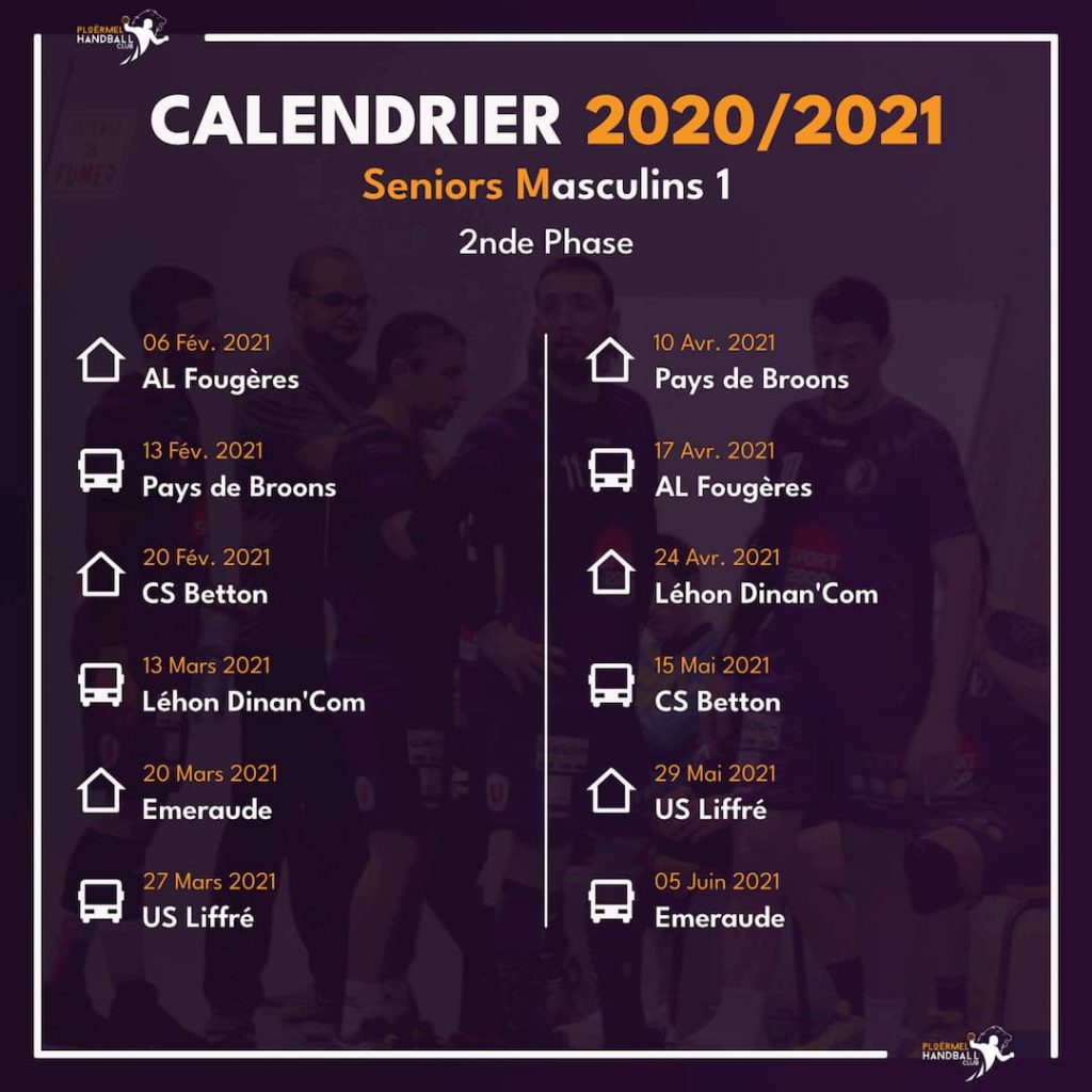 Calendrier des Seniors Masculins 1 pour 2020/2021 2